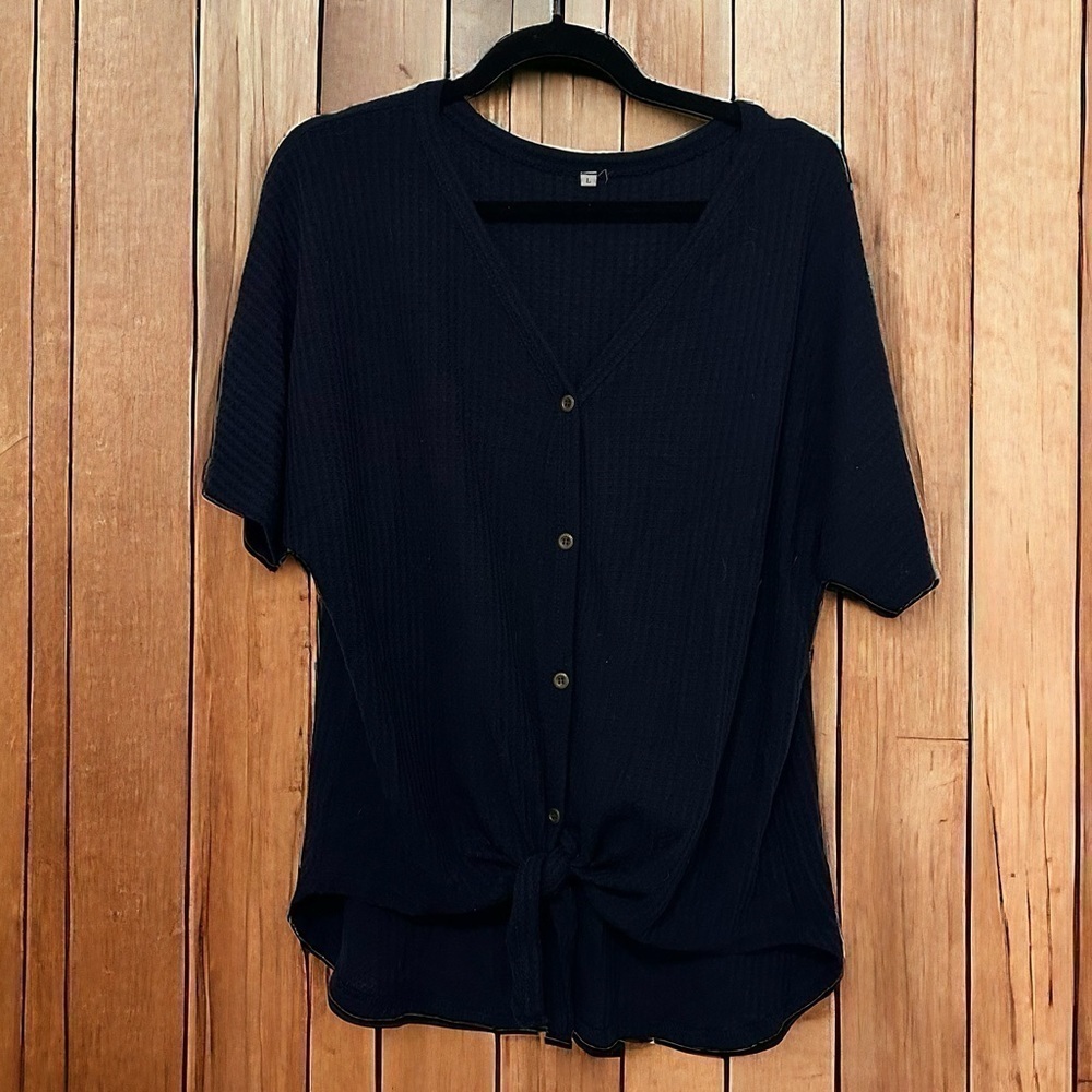 Navy blue women's button up tie front blouse XL
